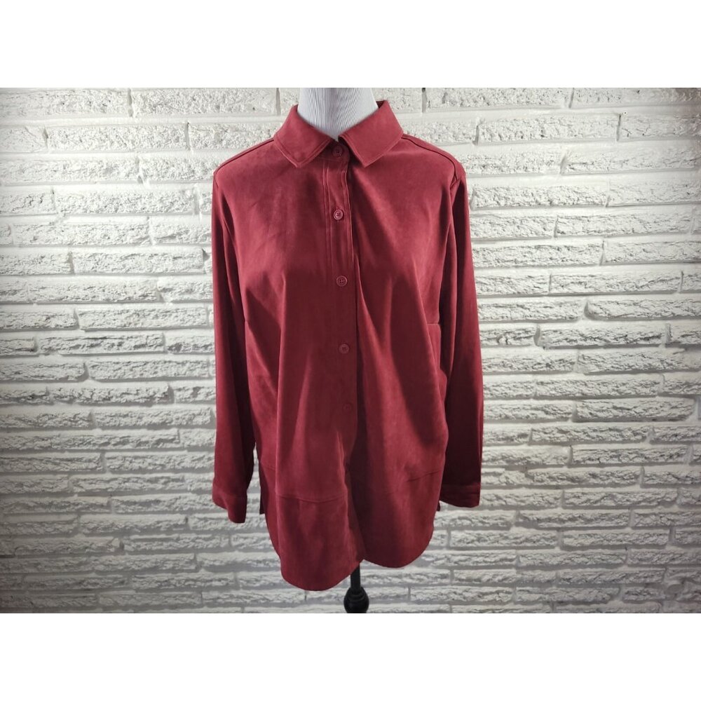 Croft‎ & Barrow Women 1X Burgundy Velour Shirt Button Up Long Sleeve  BUR33E